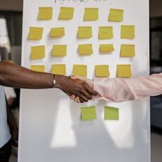 Colleagues shaking hands in front of a marketing board during a business meeting.